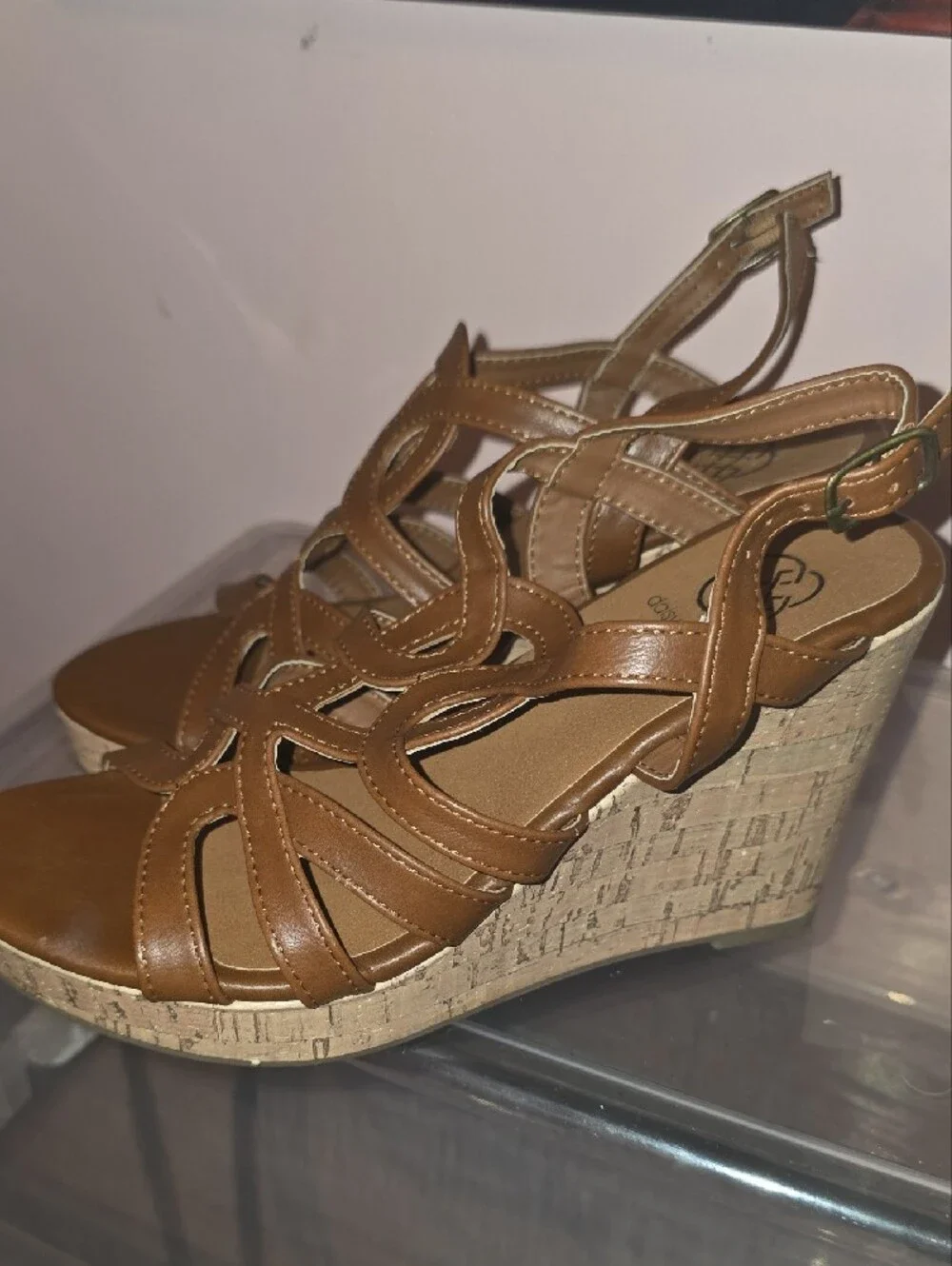 Tan Leather Strappy Cork Wedge Sandals